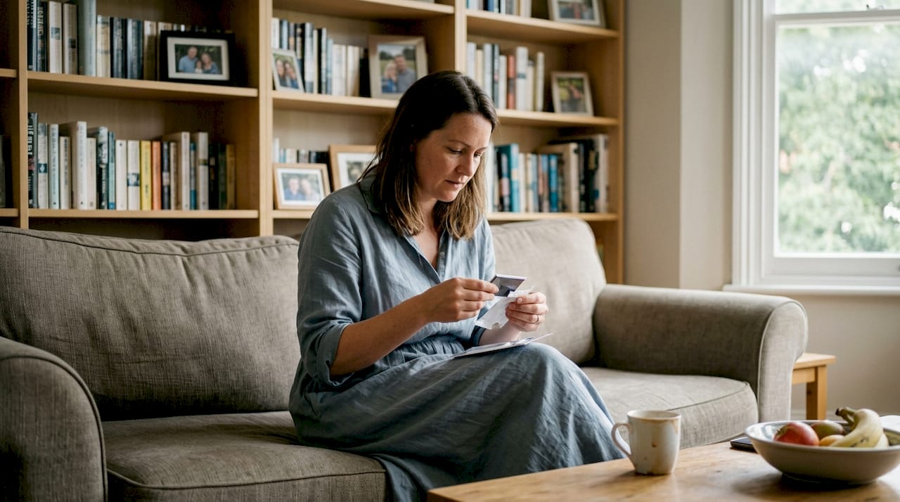 Egy nő leszed egy hűtőmágnest otthon a hűtőről.