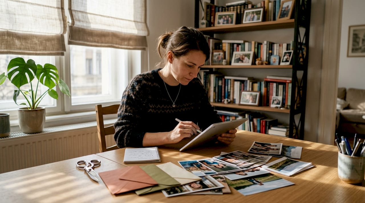 Egy nő otthon, az asztalnál fényképes ajándékot készít