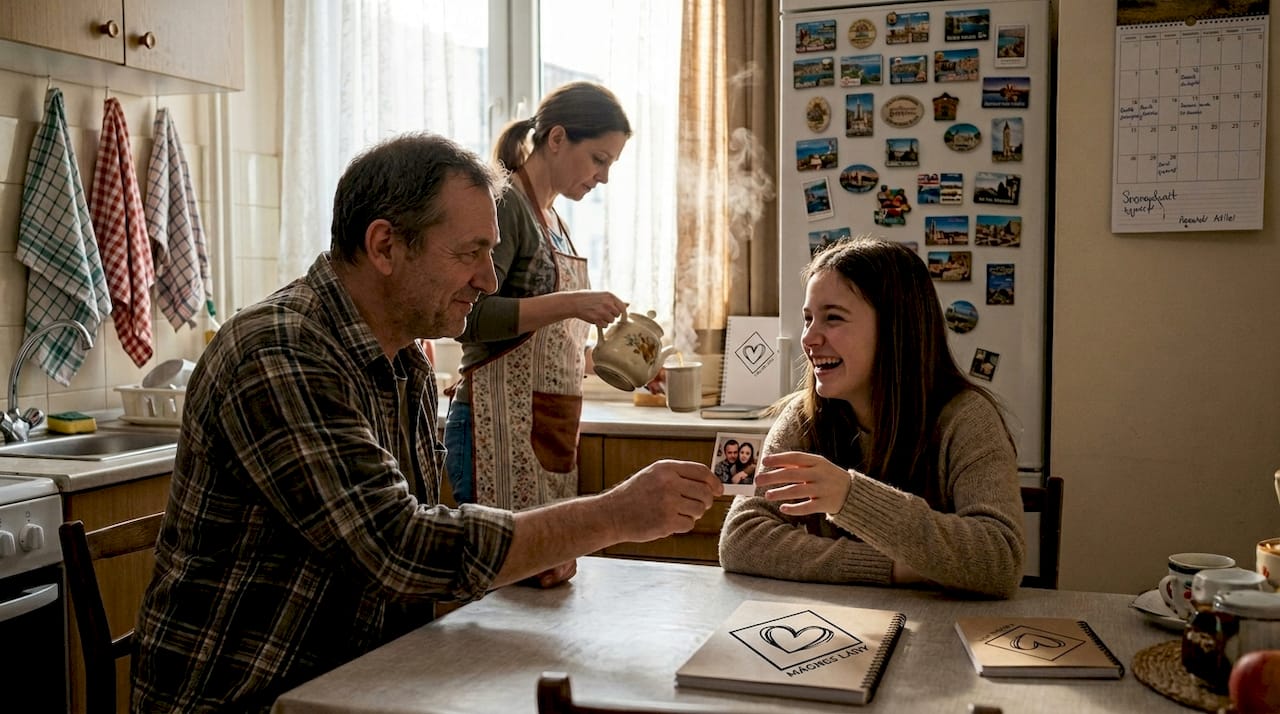 Apa egy egyedi fotómágnest ad át a lányának, aki mosolyogva veszi át a személyes ajándékot.