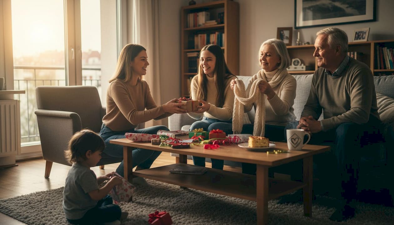 A család együtt bontogatja az ajándékokat a nappaliban, miközben jókedvű nevetgélés és izgatott találgatás tölti be a szobát.