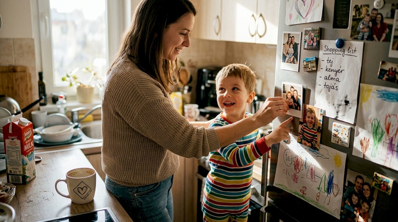 Egy család épp kiteszi a közös fényképes mágnest a hűtőajtóra.