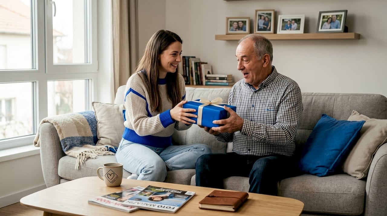 Egy nő ajándékkal lepi meg egyik családtagját a nappaliban.